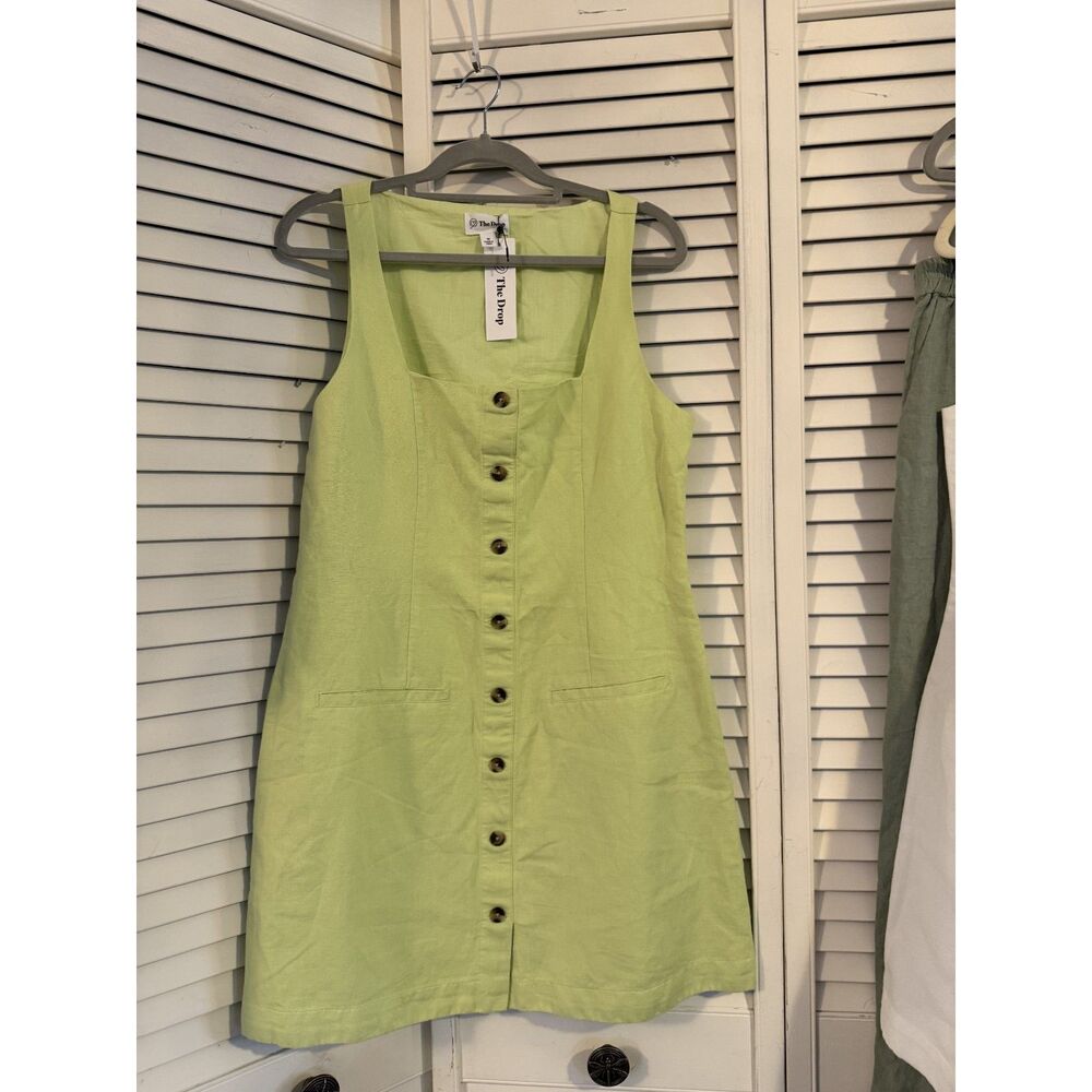 The Drop Women’s Amira Button Down Linen Mini Dress, Shadow Lime Med